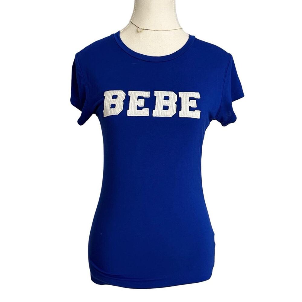 Bebe Embroidered Logo Patch Vintage 2000 Full Length Fitted Y2K Short Sleeve Top